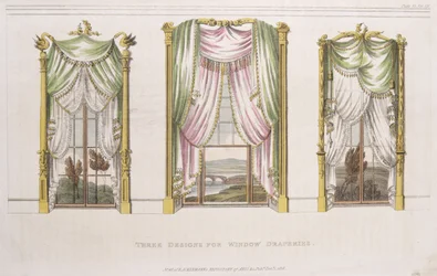 Tres diseños para cortinas de ventana, lámina 107 de Ackermanns Repository of Arts, publicado en 1819